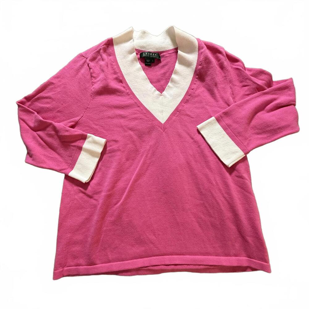 VTG Lauren Ralph Lauren Pink/White Trim V Neck Cotton Sweater SZ L Y2K Preppy